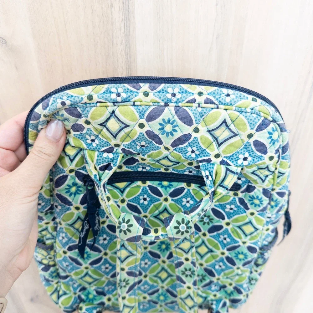 Vera Bradley Daisy Daisy Quilted Backpack Blue Green Geometric Floral Boho Artsy
